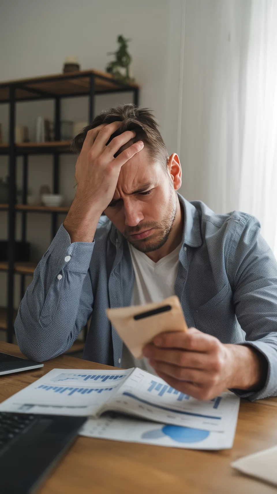 Hombre angustiado revisando sus facturas y deudas en casa