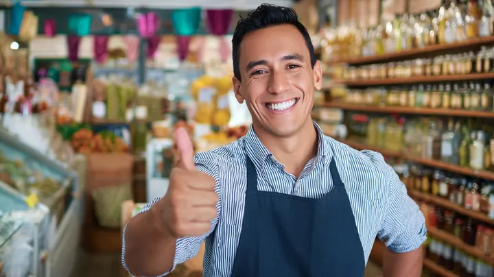 Tendero colombiano sonriendo con el pulgar arriba en su negocio